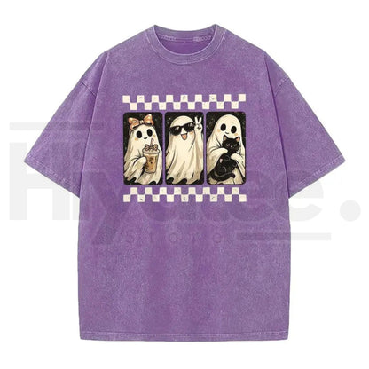 Spooky Theme Halloween Black Cat & Ghost Collage T-Shirt – Vintage Acid Wash Fall Graphic Cotton Tee
