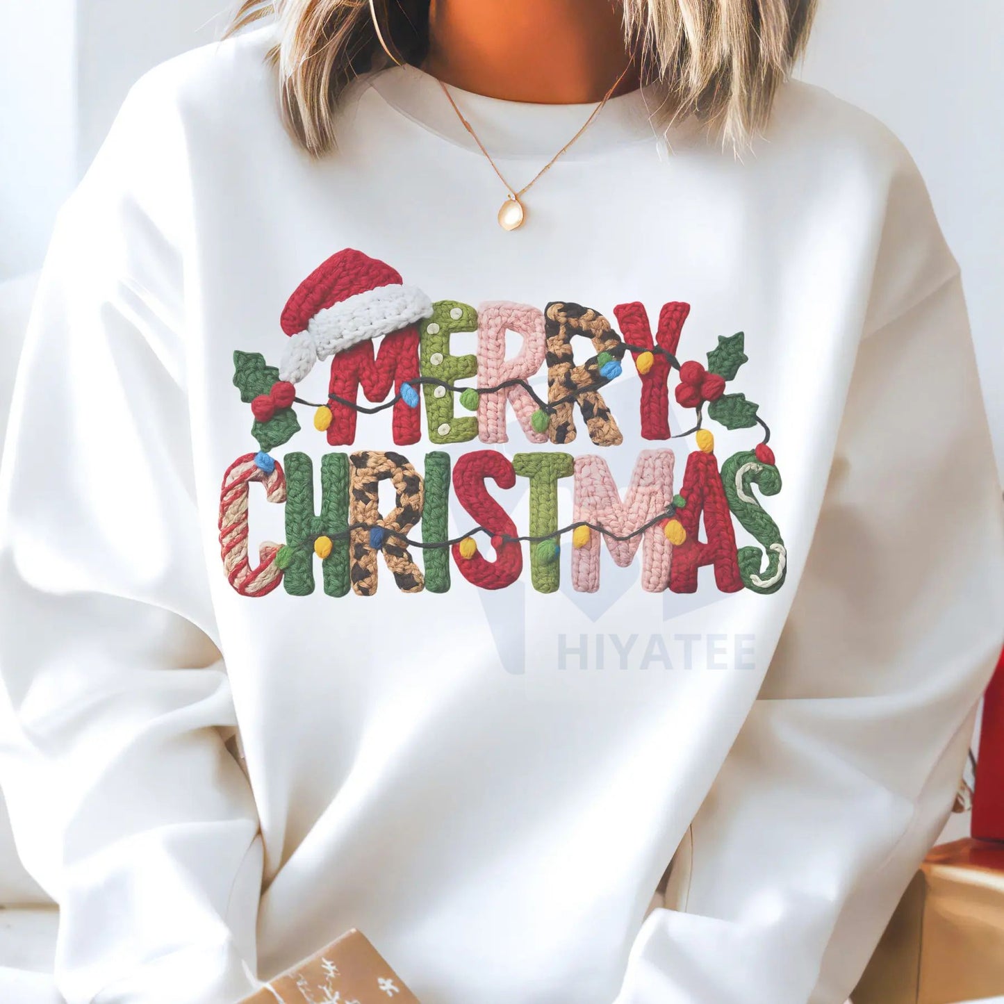 Cozy Season Holiday Sweatshirt: Trendy Christmas Trees, Reindeer, Highland Cow & Gingerbread Crochet Print Pullover