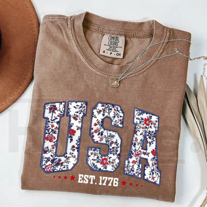 Comfort Colors® Floral USA Shirt – Retro Botanical Patriotic Digital Print Tee