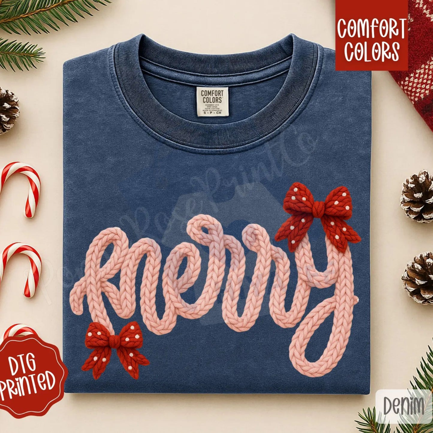 Faux Knit Merry Shirt Comfort Colors – Trendy Women's Christmas T-shirt, Vintage Knit Style Holiday Tee