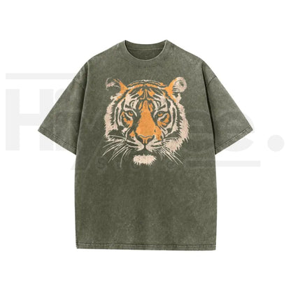 Holafish Unisex Vintage Tiger Graphic Short Sleeve T-Shirt – Acid Washed Heavyweight Cotton Oversized Streetwear Top