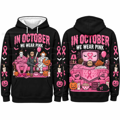 In October We Wear Pink Horror Hoodie – Spooky Movie Character Pink Ribbon Graphic Pullover, Breast Cancer Awareness Halloween