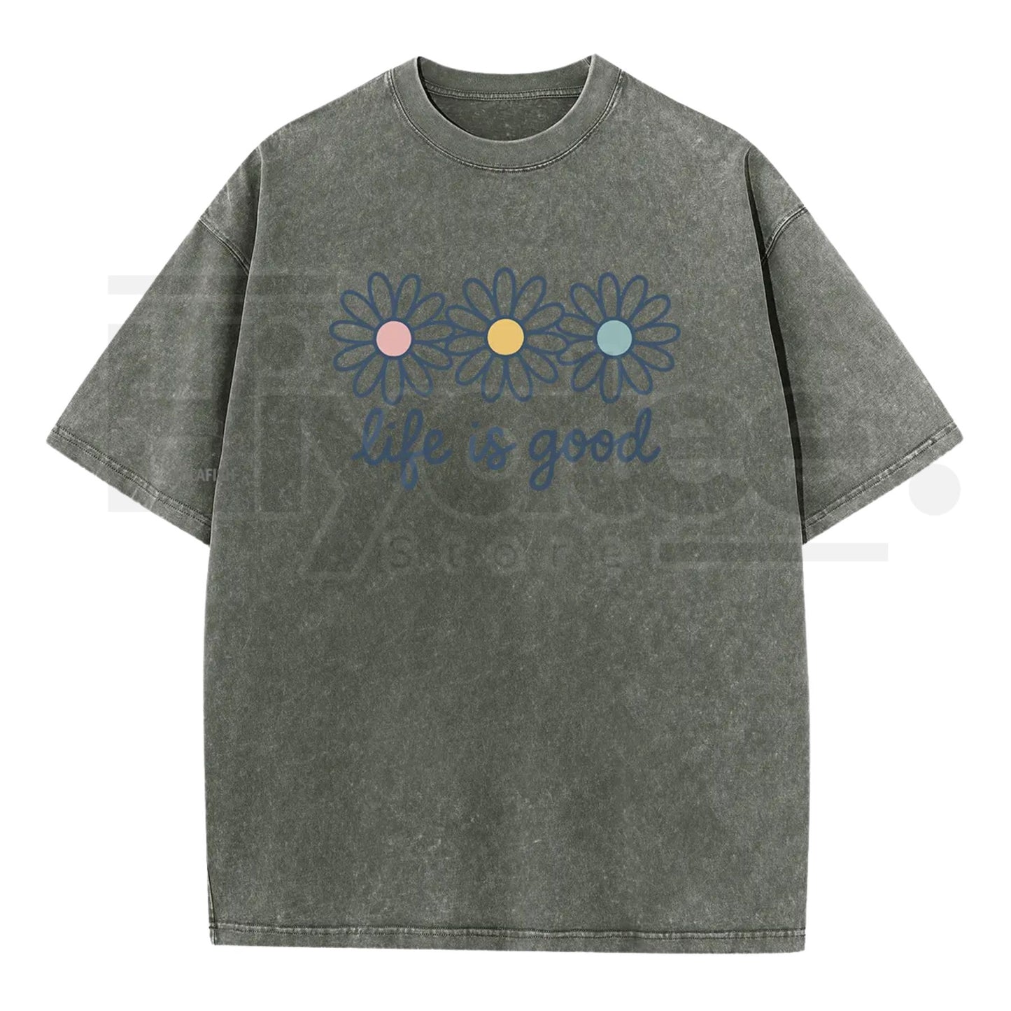 Holafish Acid Wash Daisy Print T-Shirt – Vintage Streetwear Drop Shoulder Graphic Tee