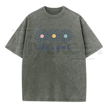Holafish Acid Wash Daisy Print T-Shirt – Vintage Streetwear Drop Shoulder Graphic Tee