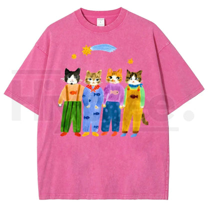 Retro "Cats In Overalls" Vintage Graphic T-Shirt – Hand-Painted Style 90s Streetwear