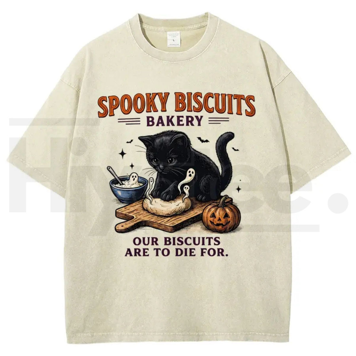 Men's Spooky Biscuits Black Cat Halloween T-Shirt – Vintage Brown Acid-Wash Oversized Cotton Tee
