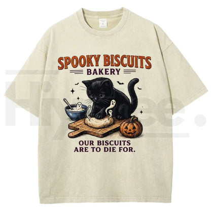 Men's Spooky Biscuits Black Cat Halloween T-Shirt – Vintage Brown Acid-Wash Oversized Cotton Tee
