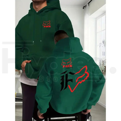 Men's Fleece Baggy Motorcycle Fox Print Hoodie – Dual-Sided Casual Long Sleeve Streetwear Pullover