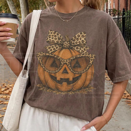 Fall Halloween Leopard Pumpkin Shirt Crewneck Jack O Lantern Tee