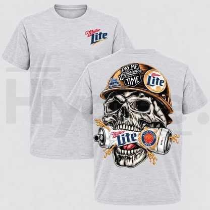 Men's Miller Lite Skull T-Shirt – Retro Blue Collar Workwear Beer Graphic Tee