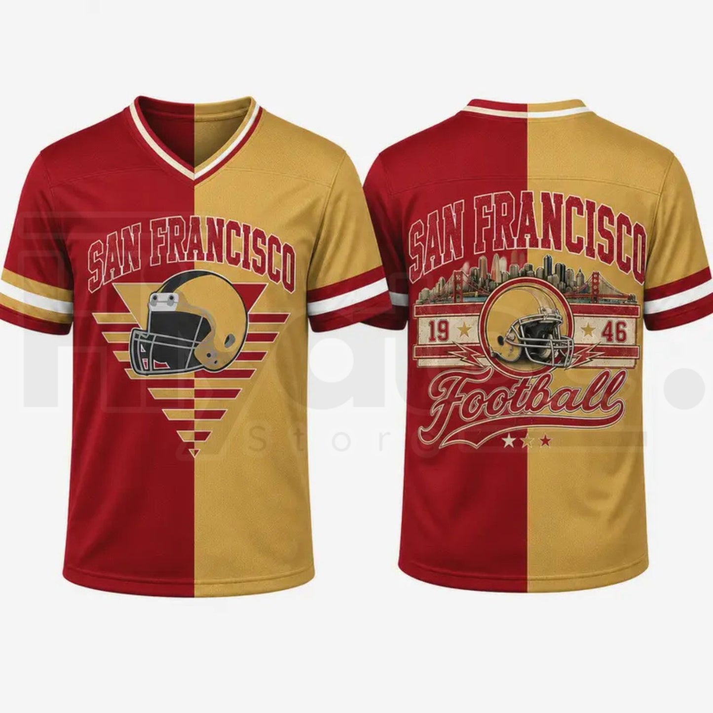 Unisex Two-Tone Split Fan Jersey – Loose V-Neck Striped Cuffs Watch Party Top