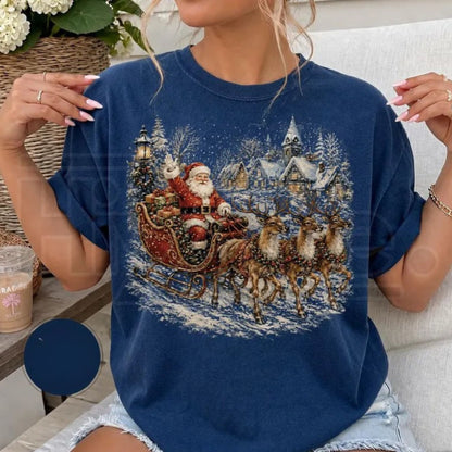 Vintage Santa Sleigh Christmas Shirt Retro Snowy Village Reindeer Tee