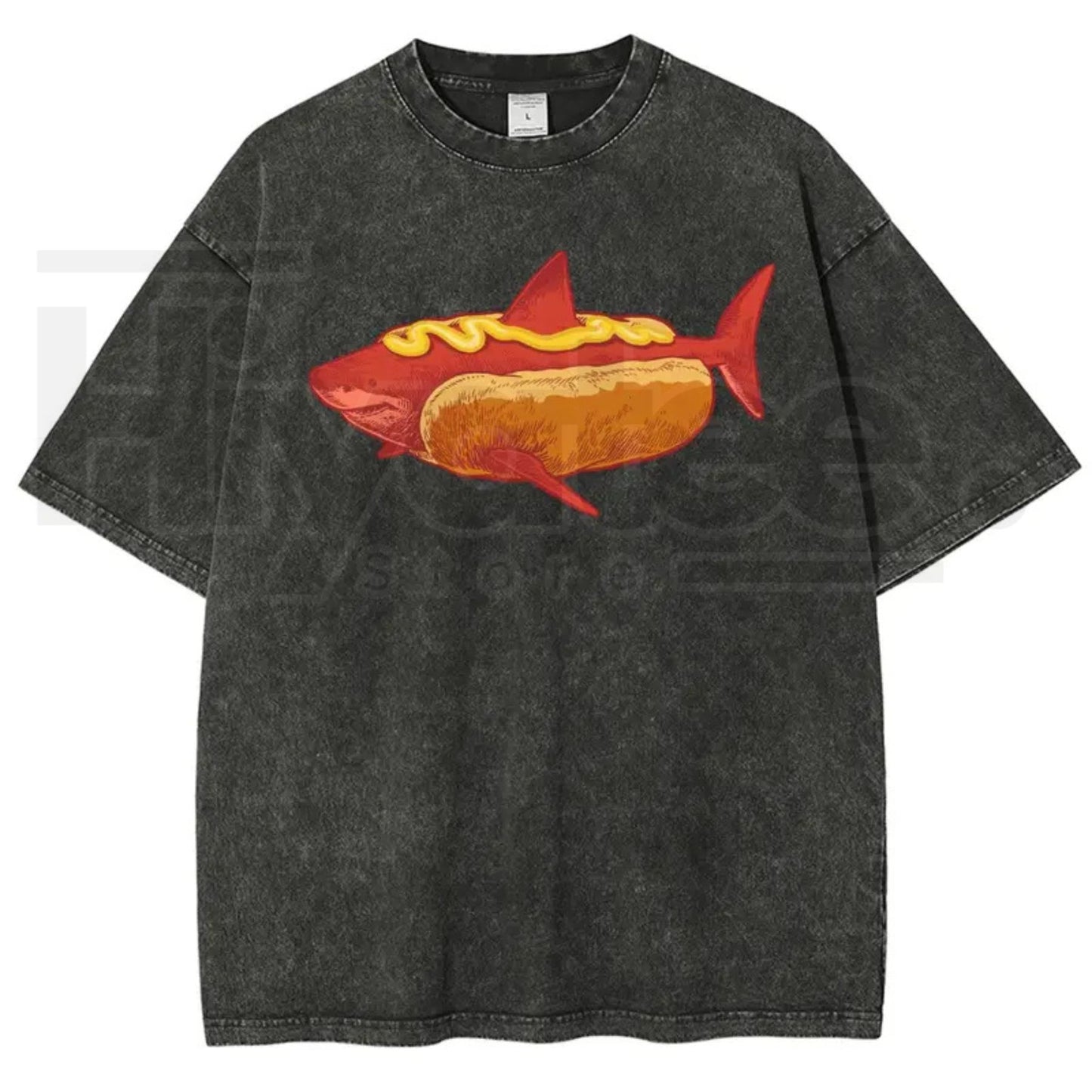 Shark Hotdog Funny Food Meme Vintage Washed Tee – Weirdcore Ocean Animal Graphic T-Shirt