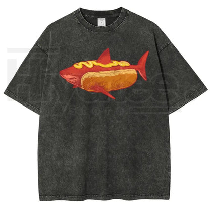 Shark Hotdog Funny Food Meme Vintage Washed Tee – Weirdcore Ocean Animal Graphic T-Shirt