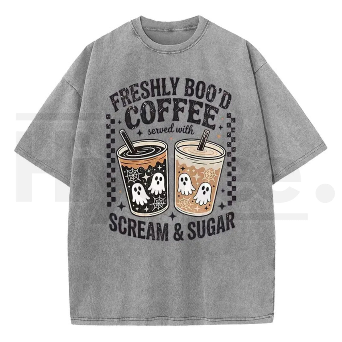 Holafish Funny Scream & Sugar Ghost Coffee T-Shirt – Retro Washed Oversized Fall Graphic Cotton Tee