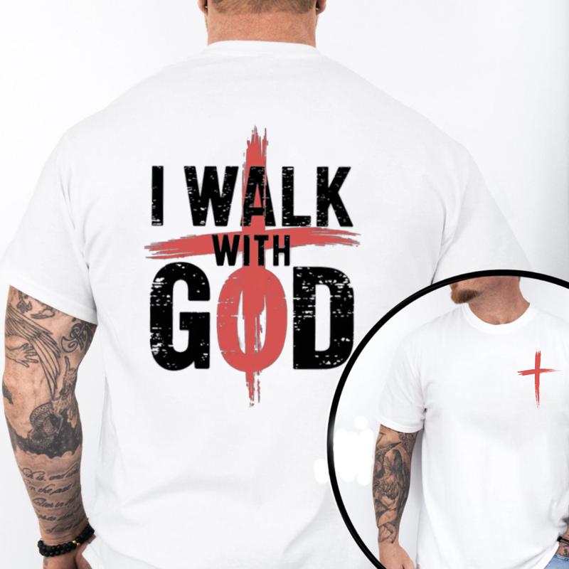 I Walk With God Graphic Tee Pure Cotton Casual Street Style Crew Neck Short Sleeve T-Shirt Tops Trendy For Women For Men, Perfect Gift