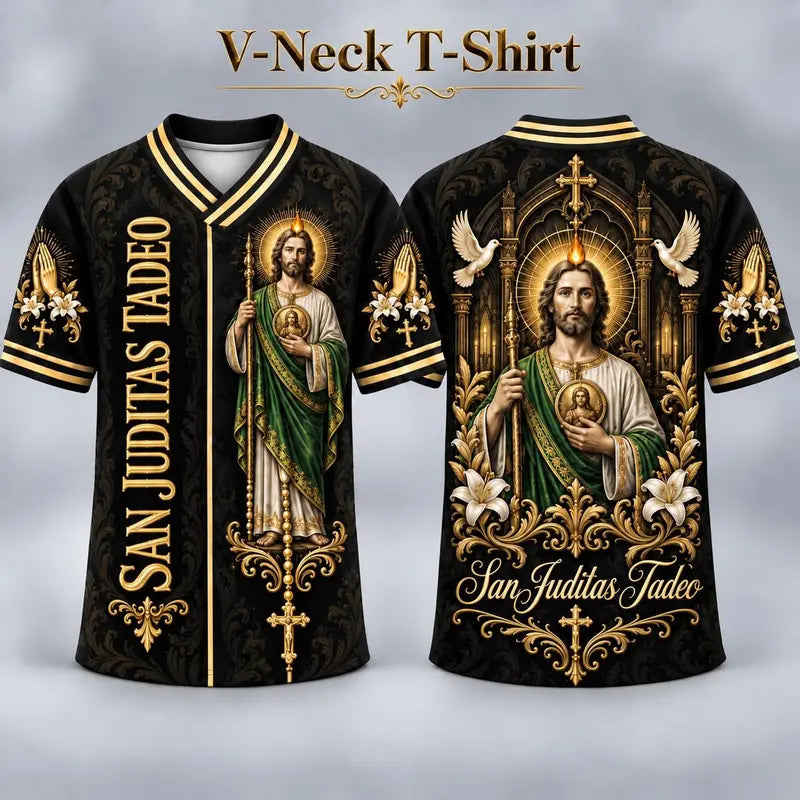 Men's San Judas Tadeo Graphic V-Neck Shirt & Baseball Jersey Style Top