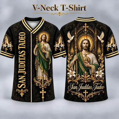 Men's San Judas Tadeo Graphic V-Neck Shirt & Baseball Jersey Style Top