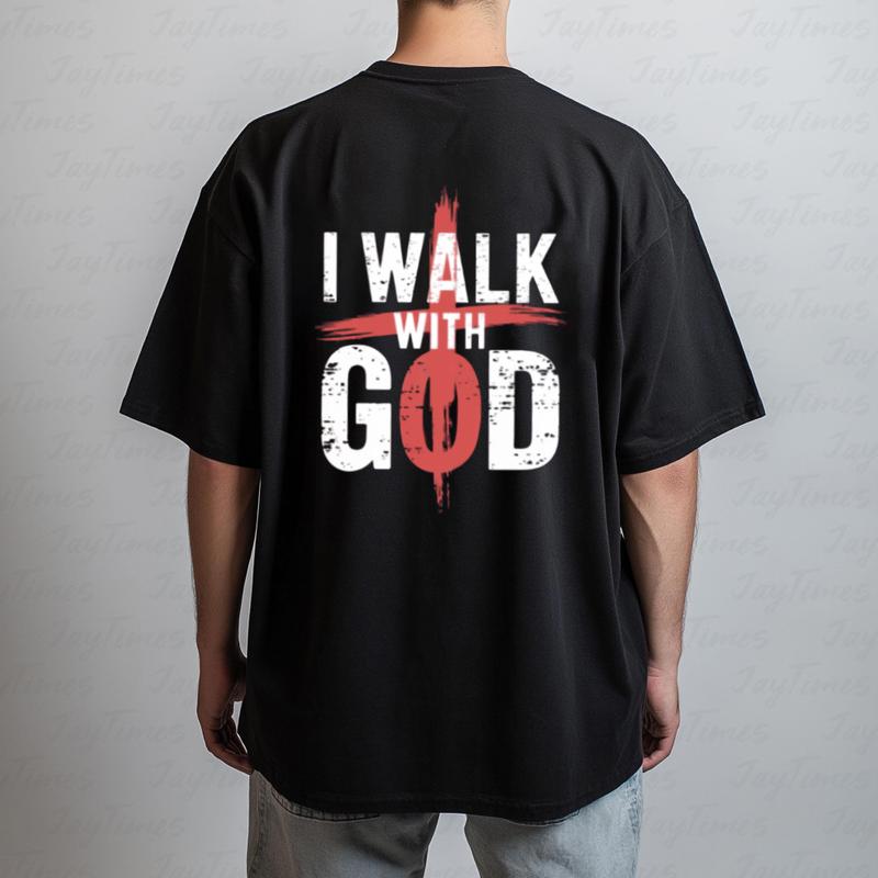 I Walk With God Graphic Tee Pure Cotton Casual Street Style Crew Neck Short Sleeve T-Shirt Tops Trendy For Women For Men, Perfect Gift