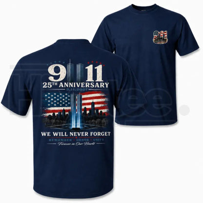 9/11 25th Anniversary Memorial T-Shirt – Patriotic Twin Towers Flag Two-Sided Graphic Tee - Hiyatee