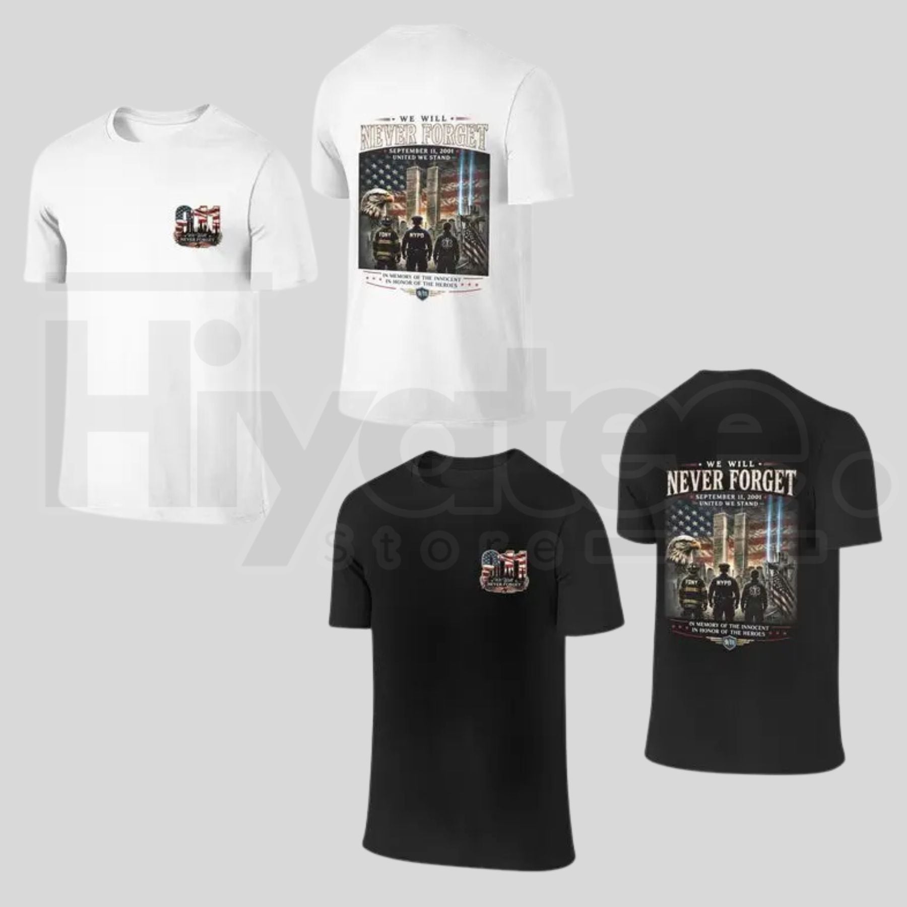 9/11 Memorial Twin Towers T-Shirt – Patriotic Eagle & American Flag Graphic Tee, First Responder Tribute Shirt - Hiyatee