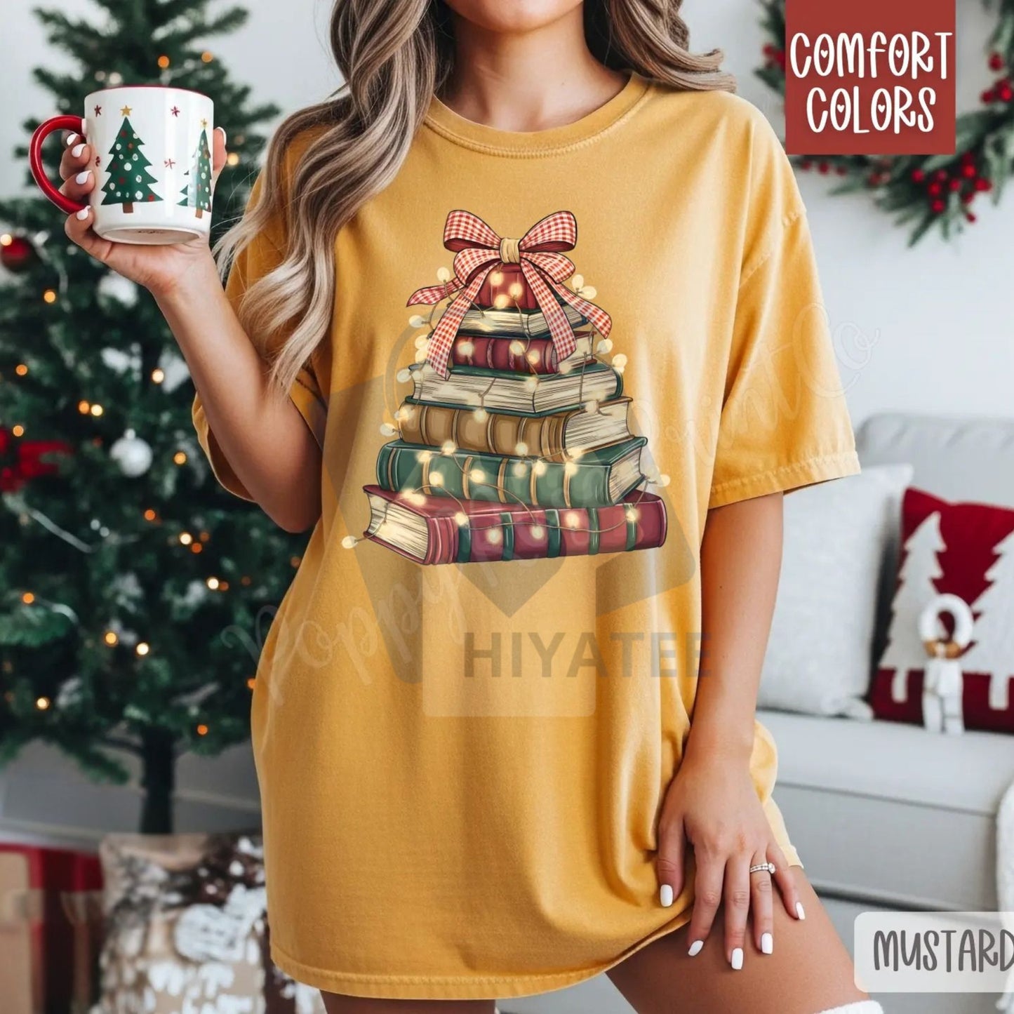 Christmas Book Tree Shirt Comfort Colors – Trendy Women's Holiday Reading T-shirt, Book Lover Gift, Library Tee