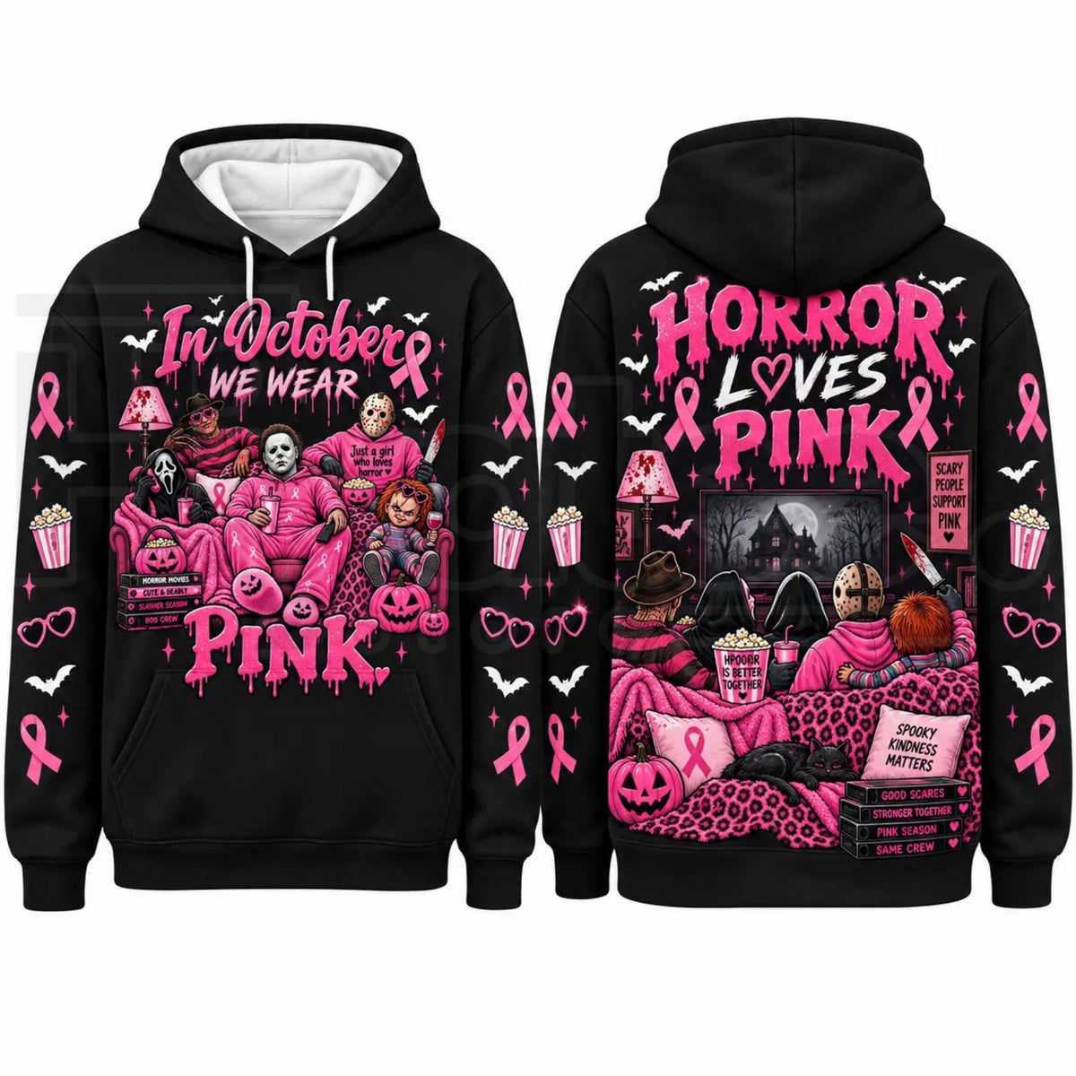 In October We Wear Pink Horror Hoodie – Spooky Movie Character Pink Ribbon Graphic Pullover, Breast Cancer Awareness Halloween
