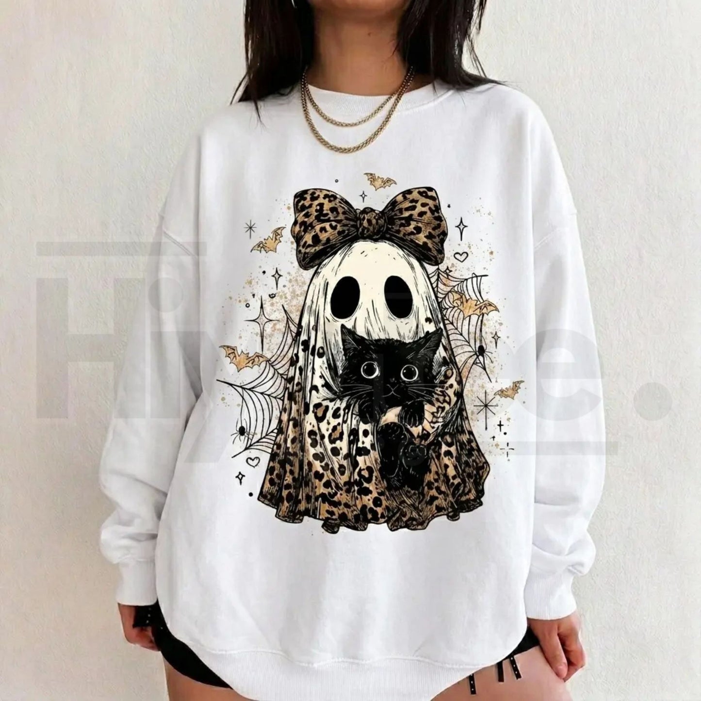 Leopard Ghost Cat Halloween Sweatshirt – Cute Spooky Black Cat Graphic Shirt, Coquette Bow Ghost Fall Outfit
