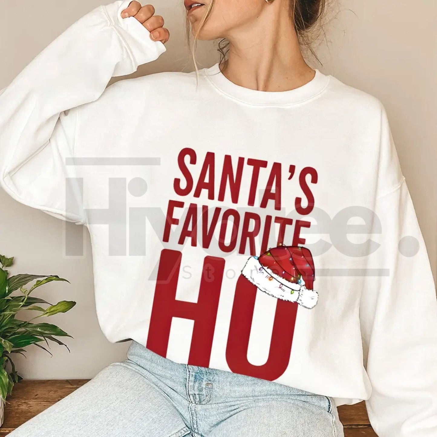 Santa's Favorite Ho Funny Christmas Sweatshirt: Santa Hat Graphic, Sassy Holiday Apparel for Women, Christmas Party Top, Retro Sports Shirts