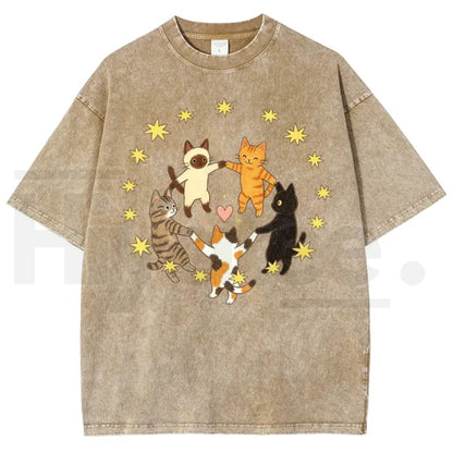 Five Holding Hands Circle Cats Yellow Star Heart Vintage Washed Tee – Y2K Aesthetic Cute Graphic Shirt