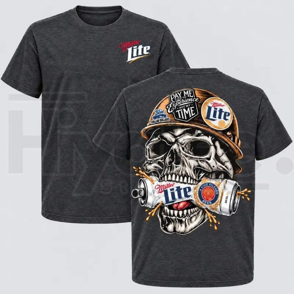 Men's Miller Lite Skull T-Shirt – Retro Blue Collar Workwear Beer Graphic Tee
