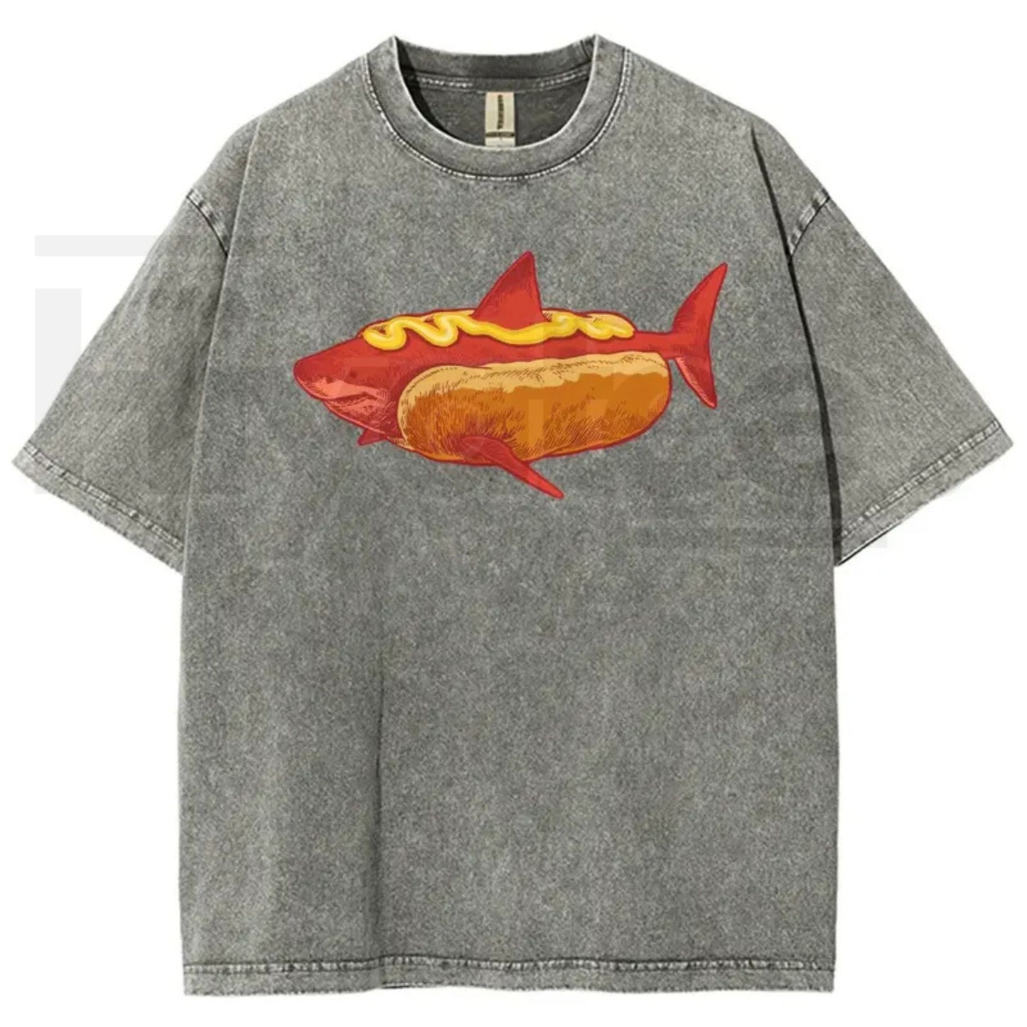 Shark Hotdog Funny Food Meme Vintage Washed Tee – Weirdcore Ocean Animal Graphic T-Shirt