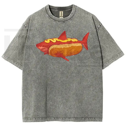 Shark Hotdog Funny Food Meme Vintage Washed Tee – Weirdcore Ocean Animal Graphic T-Shirt