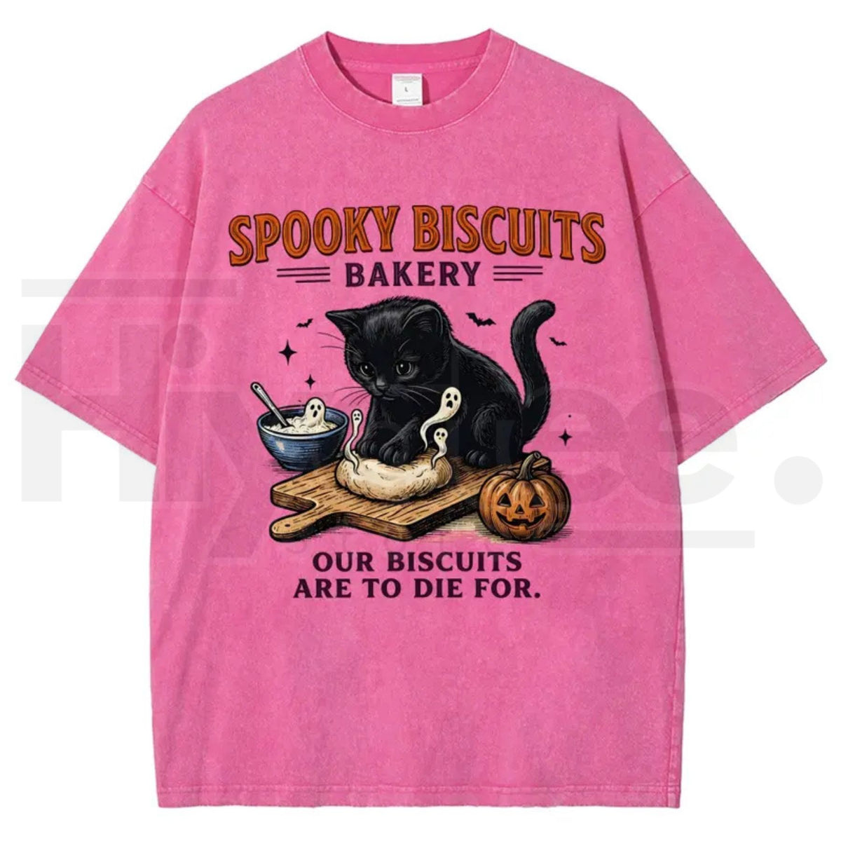 Men's Spooky Biscuits Black Cat Halloween T-Shirt – Vintage Brown Acid-Wash Oversized Cotton Tee