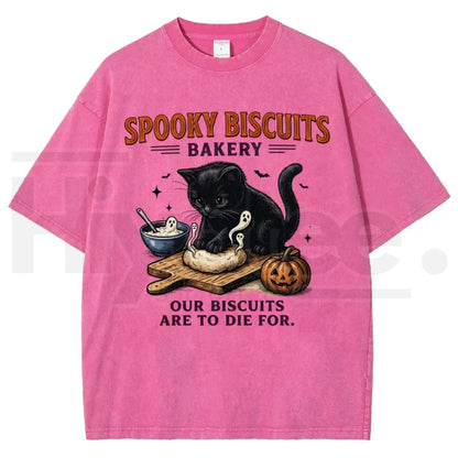 Men's Spooky Biscuits Black Cat Halloween T-Shirt – Vintage Brown Acid-Wash Oversized Cotton Tee