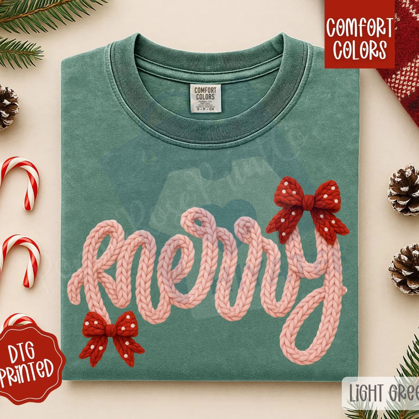 Faux Knit Merry Shirt Comfort Colors – Trendy Women's Christmas T-shirt, Vintage Knit Style Holiday Tee