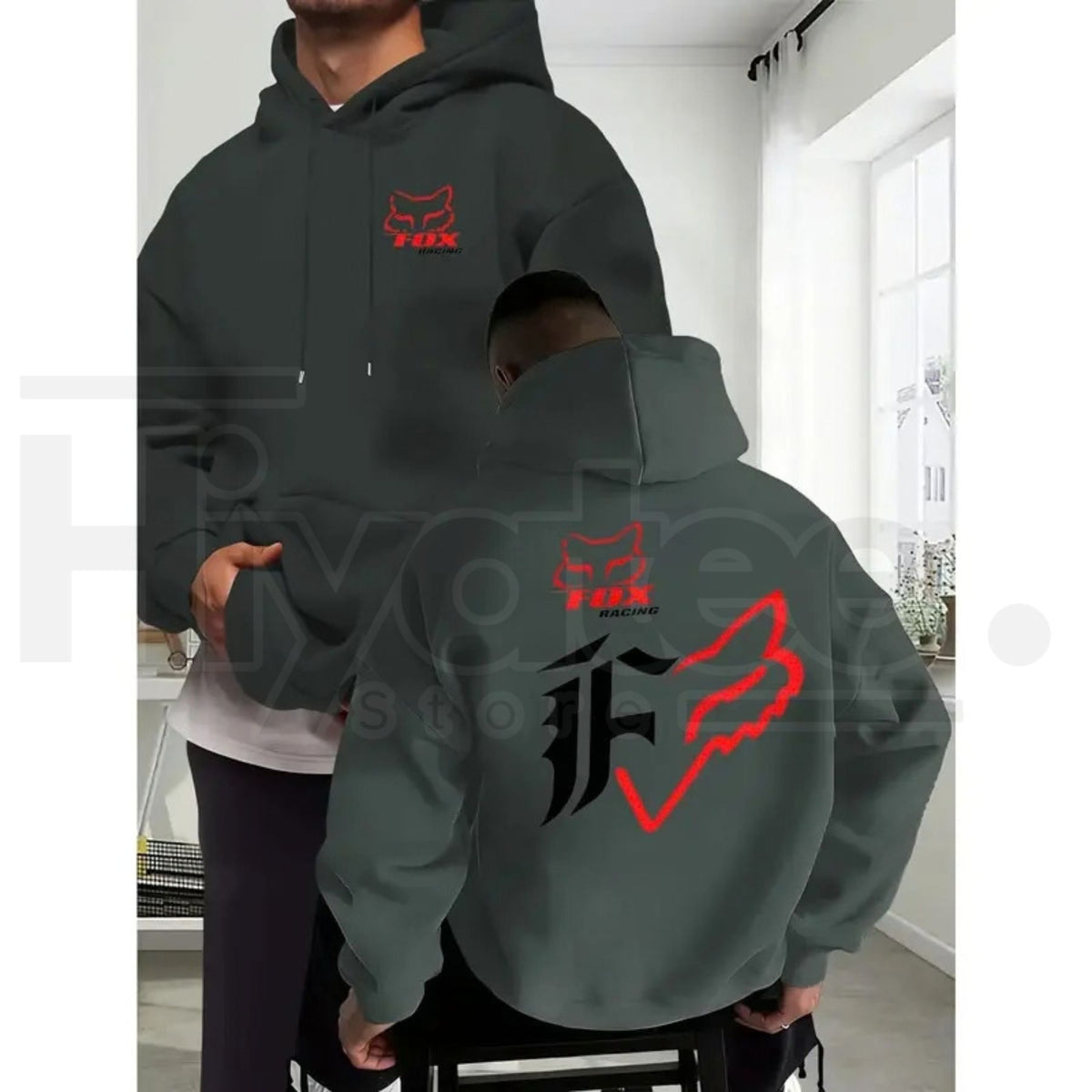 Men's Fleece Baggy Motorcycle Fox Print Hoodie – Dual-Sided Casual Long Sleeve Streetwear Pullover