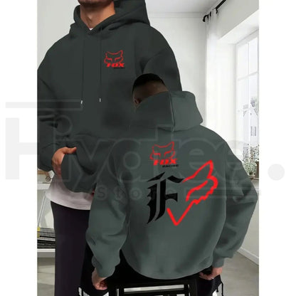Men's Fleece Baggy Motorcycle Fox Print Hoodie – Dual-Sided Casual Long Sleeve Streetwear Pullover