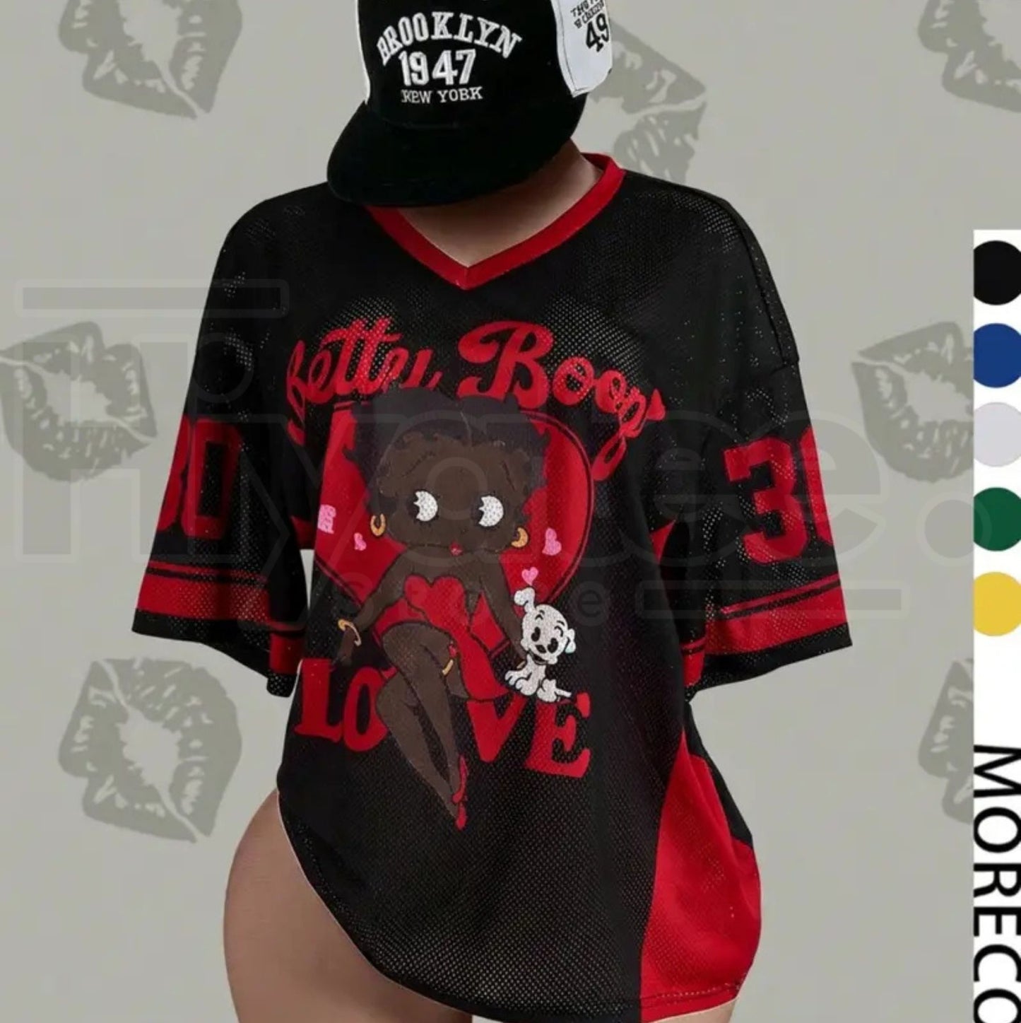 Streetwear Y2K Mesh Breathable American Vintage Doll Print V-Neck Short Sleeve T-Shirt