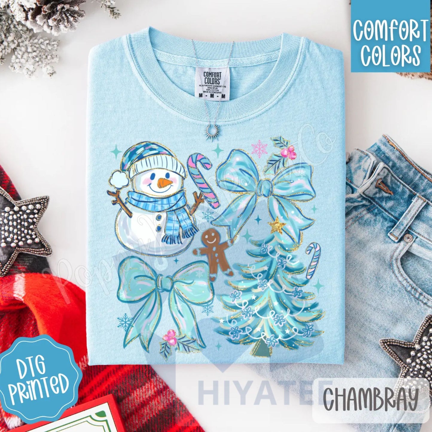 Blue Christmas Comfort Colors, Trendy Women's Holiday Tshirt