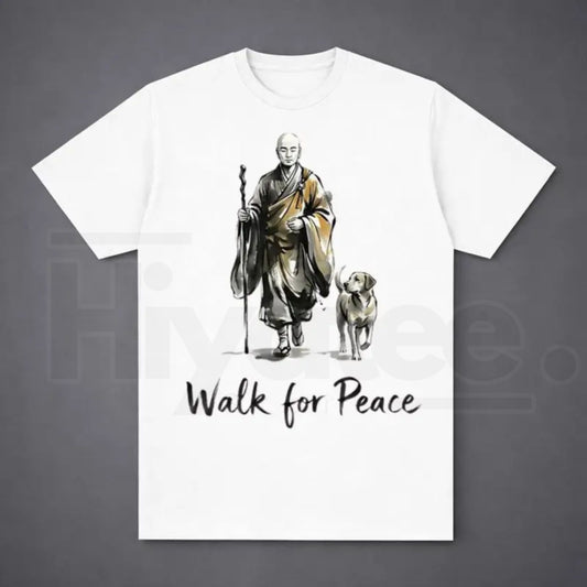 Aesthetic "Walk For Peace" Zen T-Shirt – Minimalist Monk & Dog Graphic Tee - Hiyatee