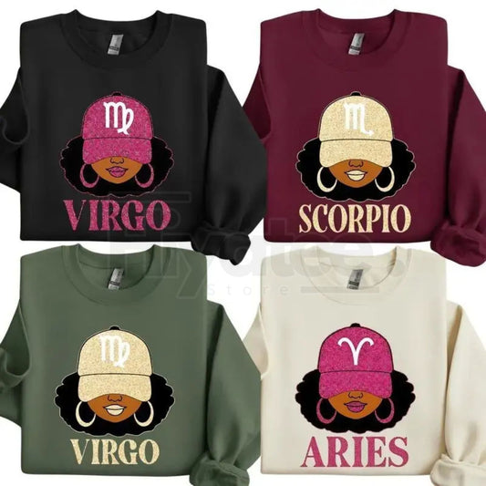 All 12 Zodiac Slay Girl Sweatshirt: Glitter Astrology Star Sign Collection for Adults - Hiyatee