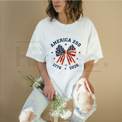 "America 250" – Stars And Stripes Bow Print Independence Day Top - Hiyatee
