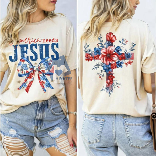 America Needs Jesus Shirt – 2-Sided Christian Floral Tee with Coquette Bow and USA Flag Cross-Hiyatee