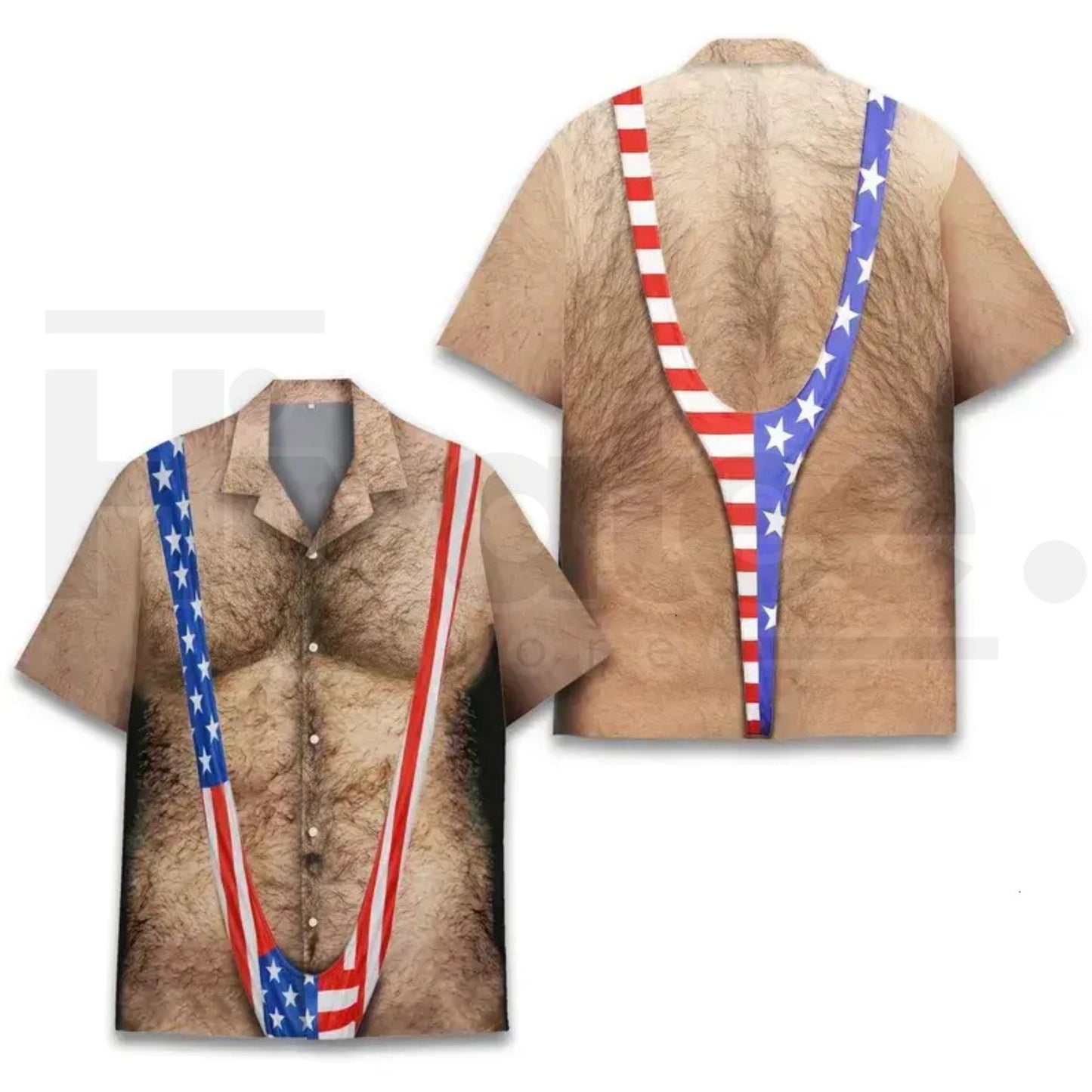 American Flag Funny Hawaiian Shirt for Men – Patriotic Chest Hair Illusion Aloha Shirt - Hiyatee