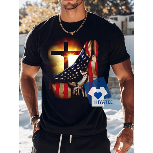American Independence Day T-Shirt – Bold Patriotic Graphic Tee with Black Cross & Claw Holding U.S. Flag, Unique Menswear Gift - Hiyatee