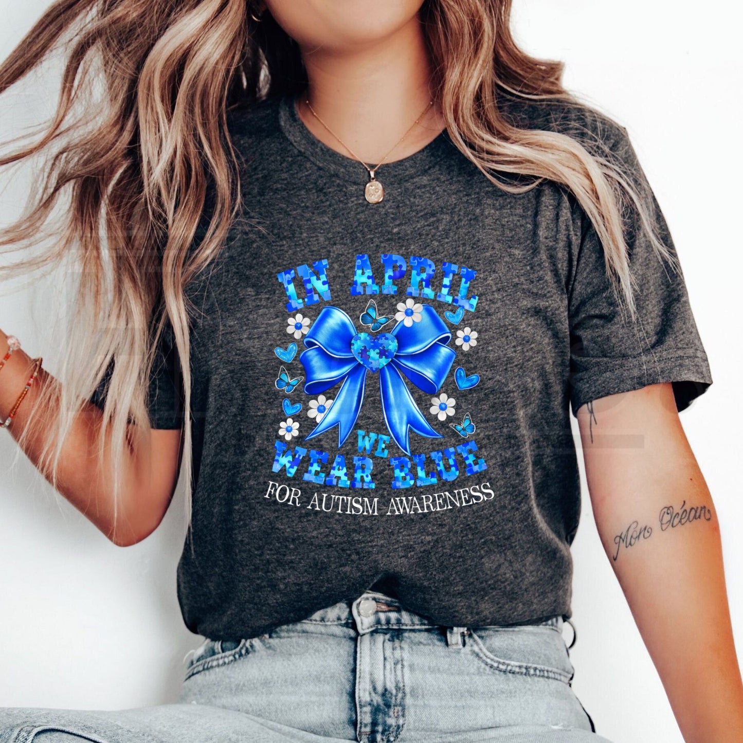 "April We Wear Blue" Autism Awareness – Coquette Bow Puzzle Graphic - Hiyatee