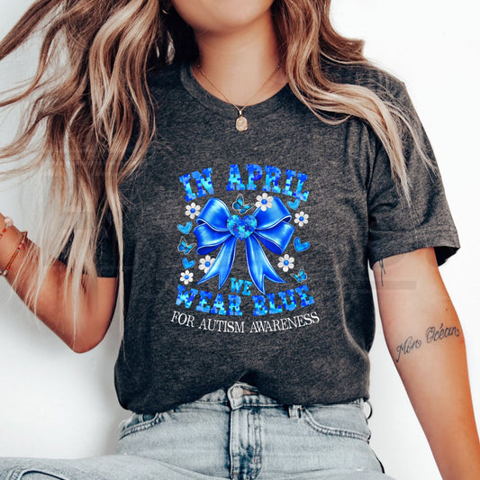 "April We Wear Blue" Autism Awareness – Coquette Bow Puzzle Graphic - Hiyatee