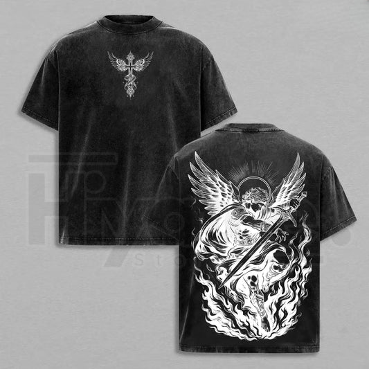Archangel Michael "Angel of Fire" Vintage Washed Oversized Tee – Heavy Cotton Christian Streetwear - Hiyatee