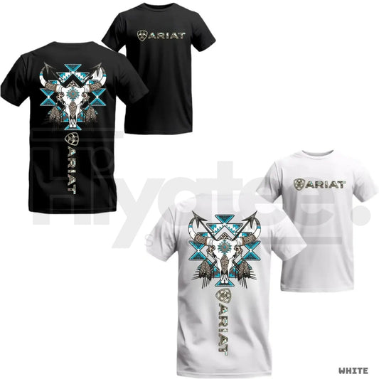 "Ariat Tribal Skull" – Western Bull Skull & Blue Aztec Graphic Top - Hiyatee